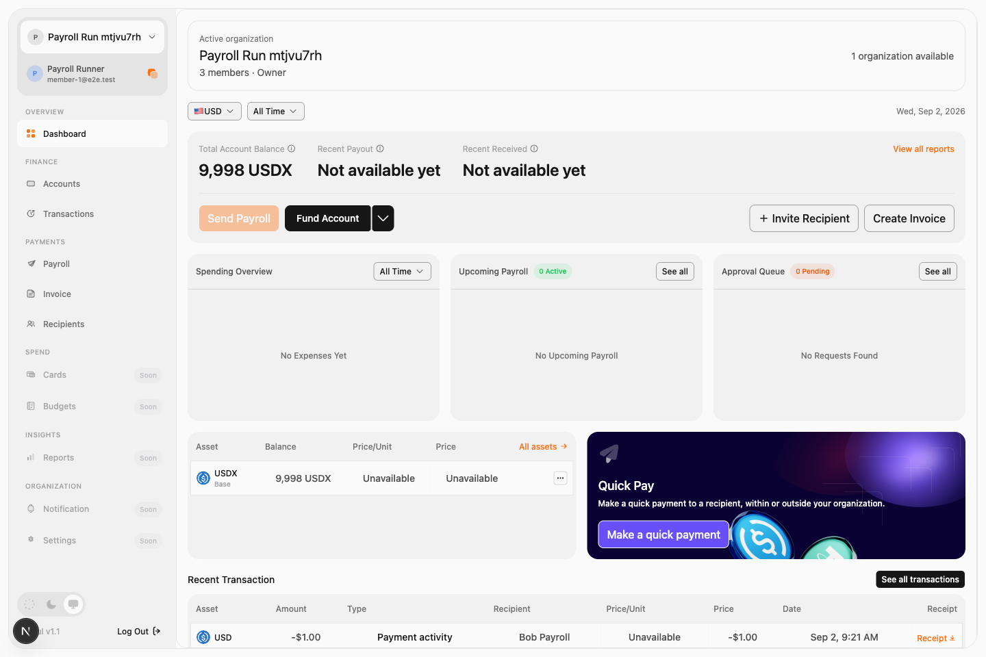 Dashboard after settlement, desktop